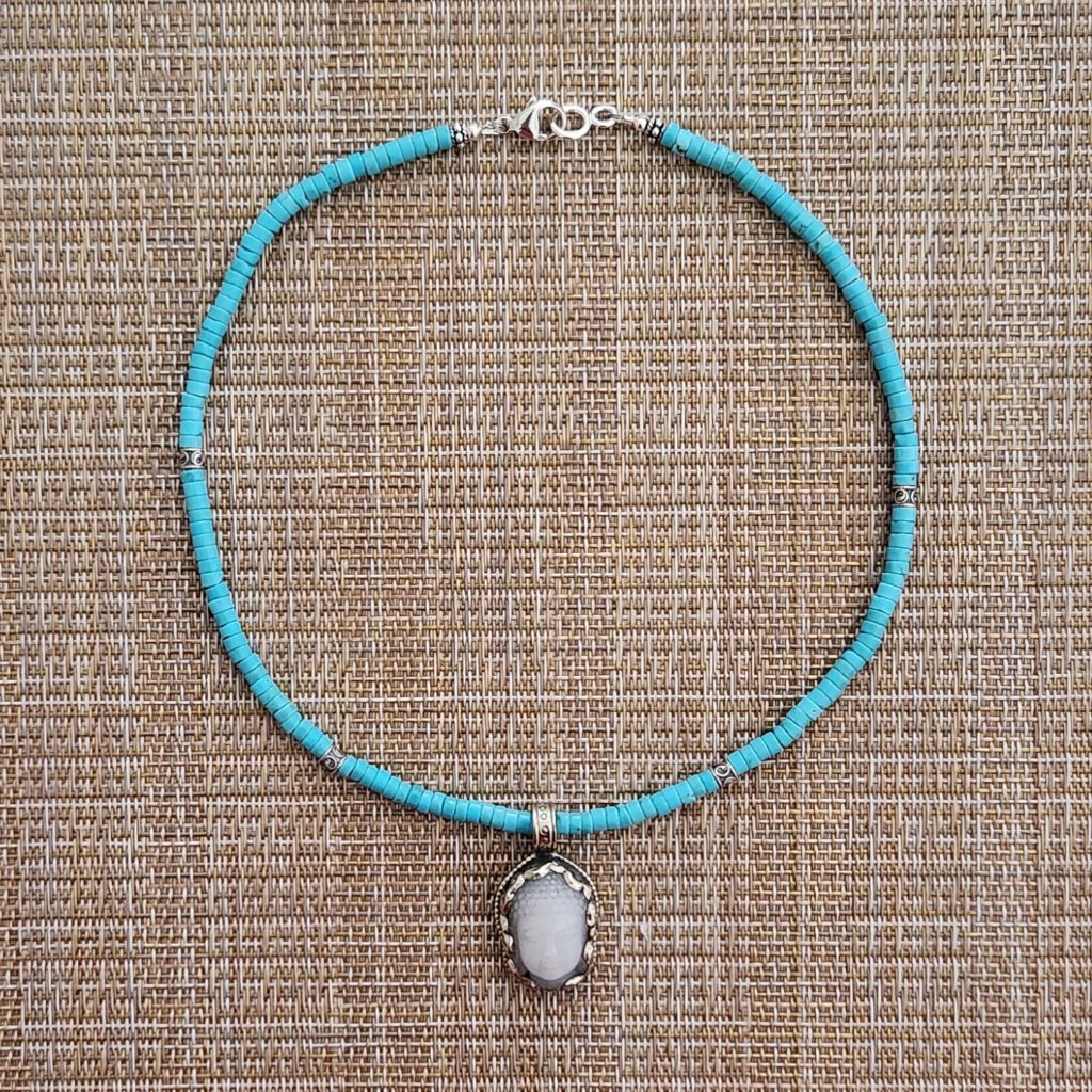 Necklace Turquoise Heishi, With Silver Yin Yang Beads, And Buddha Gemstone.